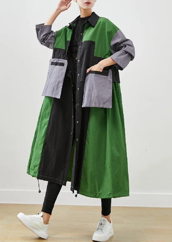 Mid - length women's down coats in a slim fit for a modern and sleek appearanceDiy Green Oversized Patchwork Pockets Cotton Coats Fall
