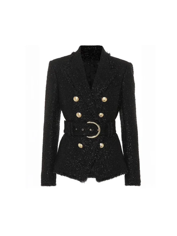 Oversized Women's Printed Blazers in Animal Patterns for a Statement PieceDouble Breasted Glittery Belted Blazer With Gold Buttons Oversized Women's Printed Blazers in Animal Patterns for a Statement PieceDouble Breasted Glittery Belted Blazer With Gold Buttons