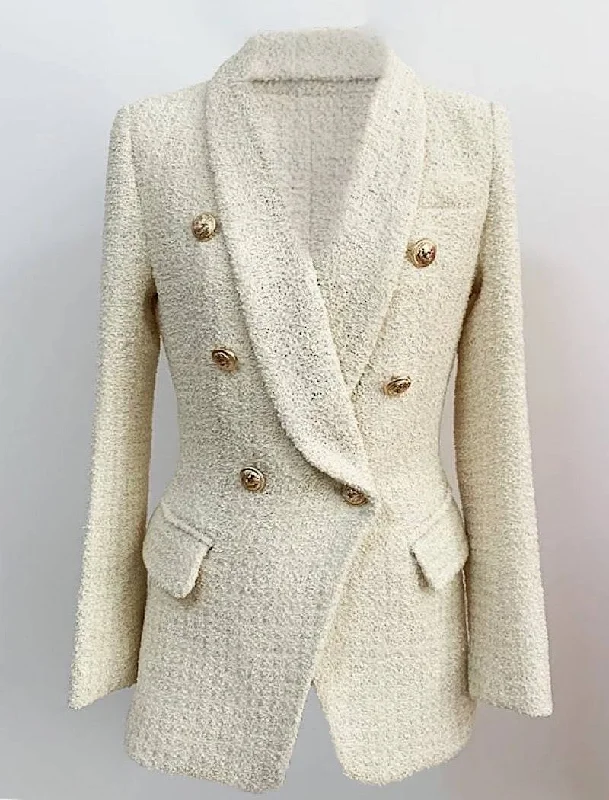 Double - Breasted Women's Leather Blazers in Taupe for an Edgy LookDouble Breasted Shawl Collar Tweed Long Blazer Double - Breasted Women's Leather Blazers in Taupe for an Edgy LookDouble Breasted Shawl Collar Tweed Long Blazer