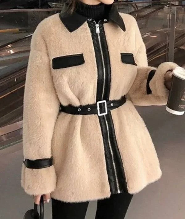 Plus size women's wool blend coats for a warm and stylish winterFaux Fur Pu Leather Trimmed Coat