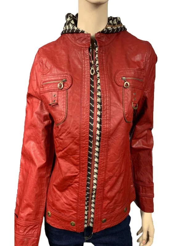 Women's pea coats with brass buttons for a nautical - inspired styleWomen's Faux leather jacket with printed hood & front placket-(801111)-RED Women's pea coats with brass buttons for a nautical - inspired styleWomen's Faux leather jacket with printed hood & front placket-(801111)-RED