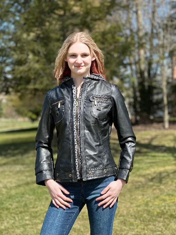 Water - resistant women's trench coats with adjustable cuffs for rainy daysWomen's Faux leather jacket with printed hood &front placket-801111-BLK Water - resistant women's trench coats with adjustable cuffs for rainy daysWomen's Faux leather jacket with printed hood &front placket-801111-BLK