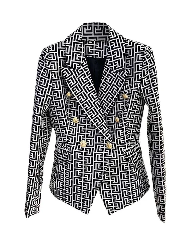 Plus Size Women's Ruffled Blazers in Pink for a Girly and Fashionable LookGeometrical Jacquard Patterned Blazer Plus Size Women's Ruffled Blazers in Pink for a Girly and Fashionable LookGeometrical Jacquard Patterned Blazer