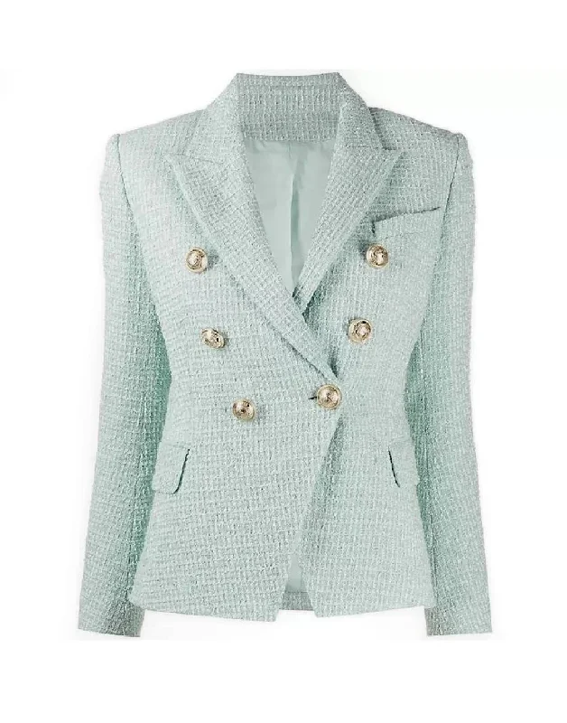 Women's Tailored Stretch Blazers in Navy Blue for Business MeetingsGold Button Tweed Blazer In Blue Green Women's Tailored Stretch Blazers in Navy Blue for Business MeetingsGold Button Tweed Blazer In Blue Green