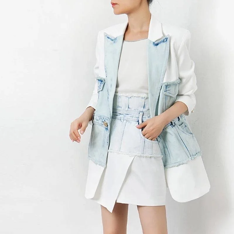 Women's Longline Linen Blazers in Pastel Colors for Summer EventsHalf Denim Half Solid Long Blazer Women's Longline Linen Blazers in Pastel Colors for Summer EventsHalf Denim Half Solid Long Blazer