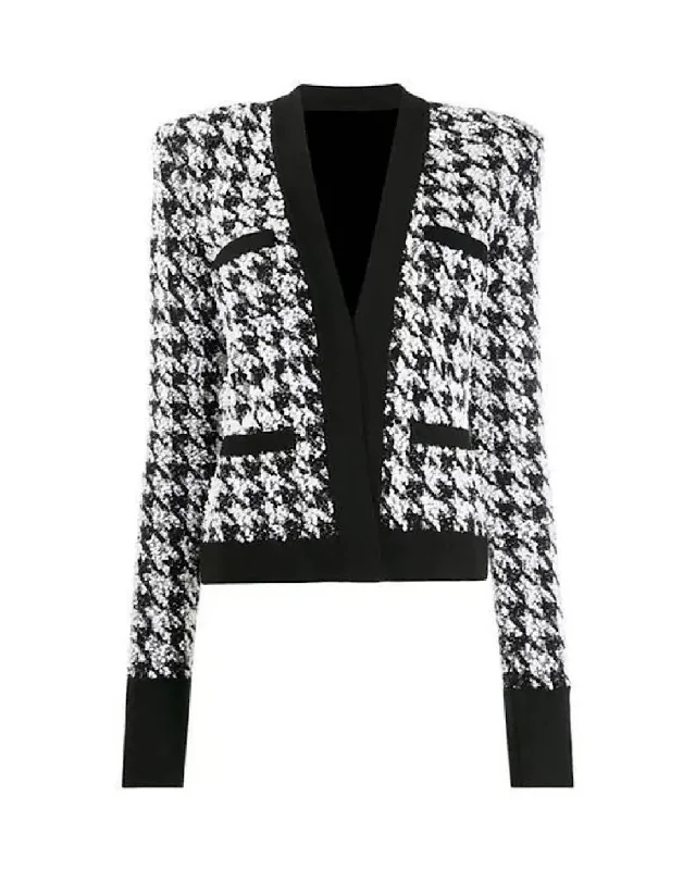 Double - Breasted Women's Leather Blazers in Taupe for an Edgy LookHoundstooth Patterned Tweed Jacket