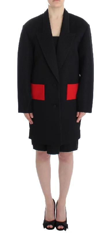 Women's Peplum Blazers in Emerald Green for a Stylish Work AttireKAALE SUKTAE Elegant Draped Long Coat in Black with Red Accents