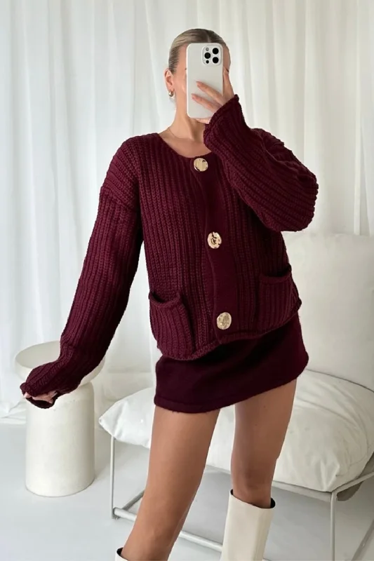 open front women cardigan for easy stylingKelly burgundy gold button knit cardigan