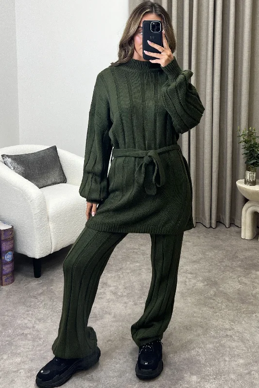 Kila Khaki Belted Jumper and Trousers Knitted Loungewear Set