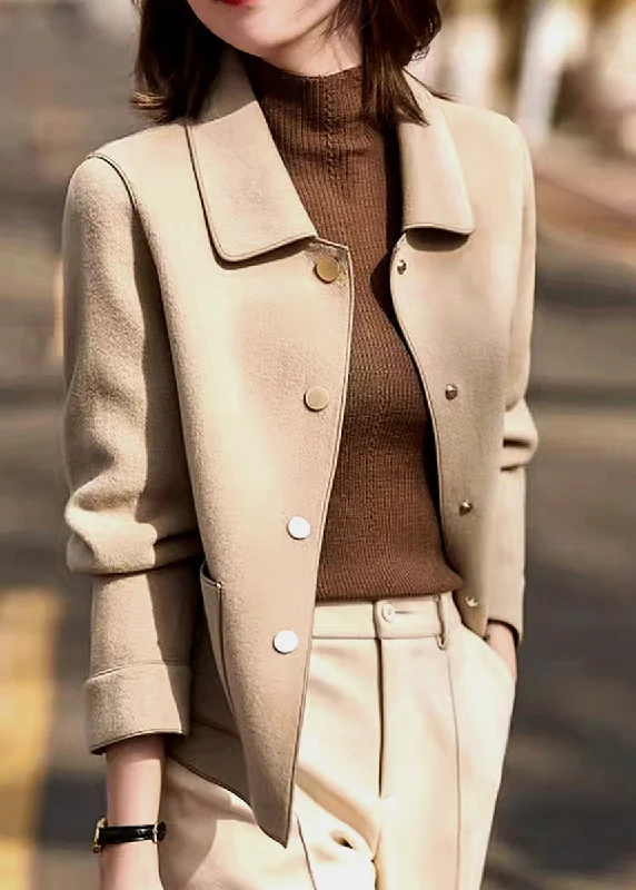 Checkered women's wool coats in a classic pattern for a timeless styleLoose Beige Peter Pan Collar Button Woolen Coats Long Sleeve Checkered women's wool coats in a classic pattern for a timeless styleLoose Beige Peter Pan Collar Button Woolen Coats Long Sleeve