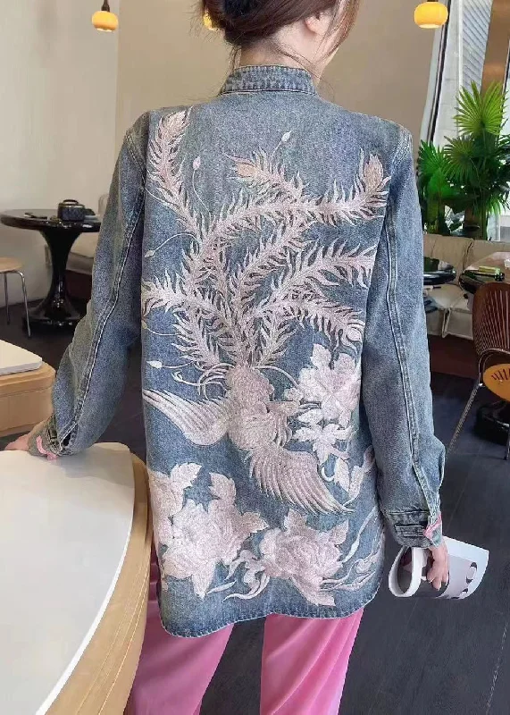 Women's pea coats with brass buttons for a nautical - inspired styleLoose Blue Embroidered Button Denim Coats Long Sleeve Women's pea coats with brass buttons for a nautical - inspired styleLoose Blue Embroidered Button Denim Coats Long Sleeve