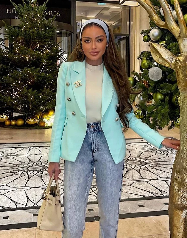 Women's Notched Lapel Blazers in Beige for a Timeless OutfitMint Green Silver Buttoned Double Breasted Blazer Women's Notched Lapel Blazers in Beige for a Timeless OutfitMint Green Silver Buttoned Double Breasted Blazer