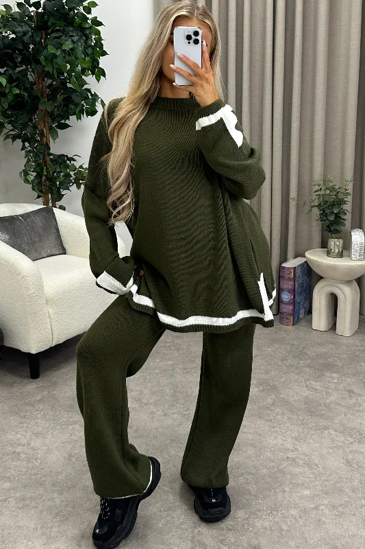 maternity women cardigan for expecting momsNaila Khaki Stripe Contrast Trim Knitted Jumper and Wide Leg Trousers Co-Ord Set maternity women cardigan for expecting momsNaila Khaki Stripe Contrast Trim Knitted Jumper and Wide Leg Trousers Co-Ord Set