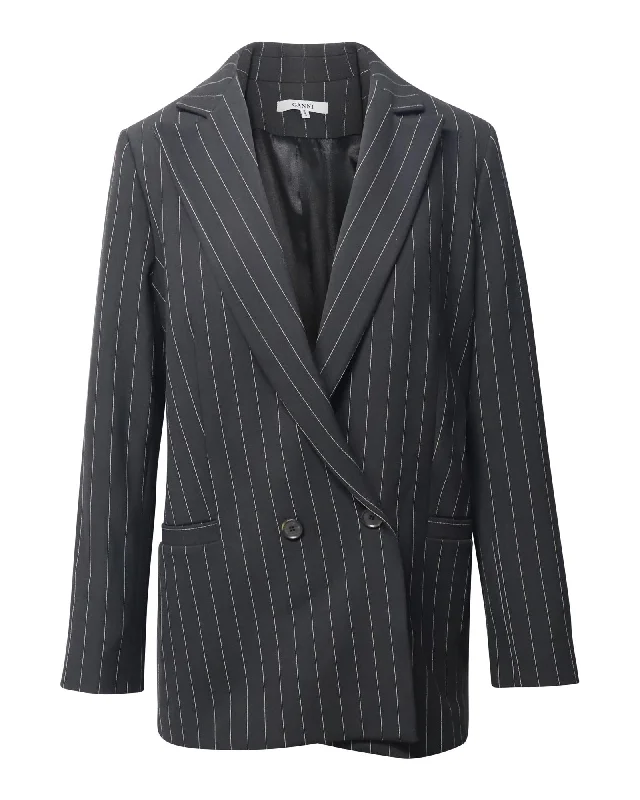Plus Size Women's Faux Fur - Trimmed Blazers in Black for a Luxurious LookStriped Double-Breasted Blazer in Black Polyester