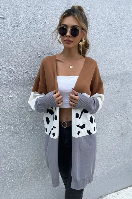 boyfriend style women cardigan for a relaxed fitPerfee Leopard Color Block Cardigan