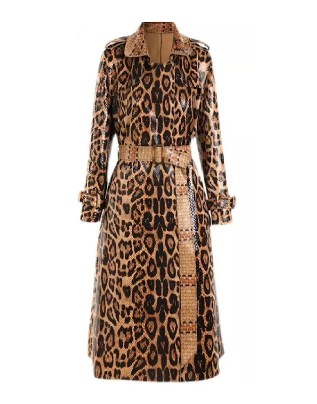 Plus Size Women's Military - Inspired Blazers with Gold Accents for a Bold LookPU Leather Snake Pattern Midi Coat