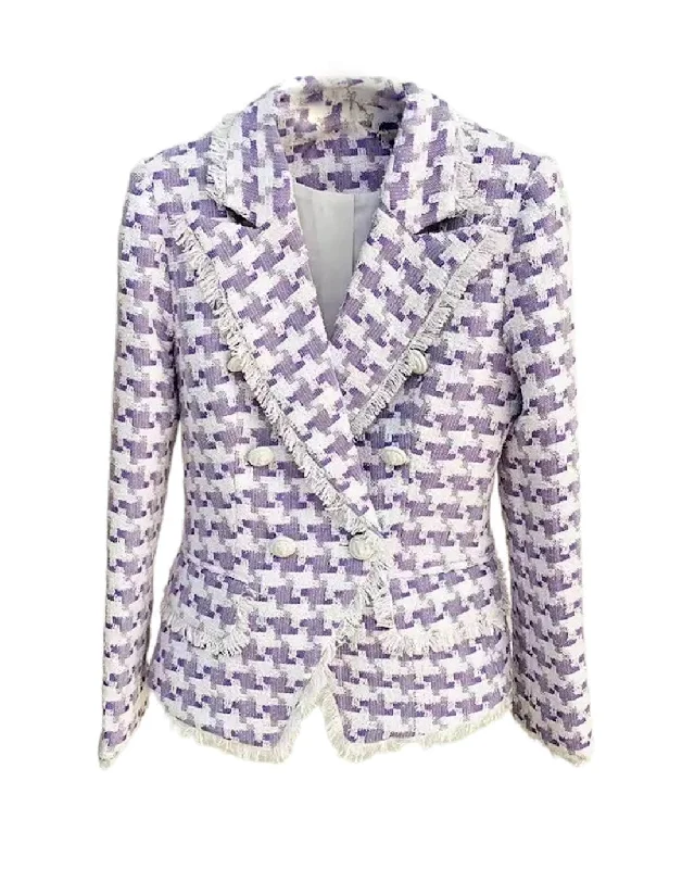 Plus Size Women's Embroidered Blazers in Floral Patterns for a Feminine TouchPurple Tweed Blazer With Tassel Edges