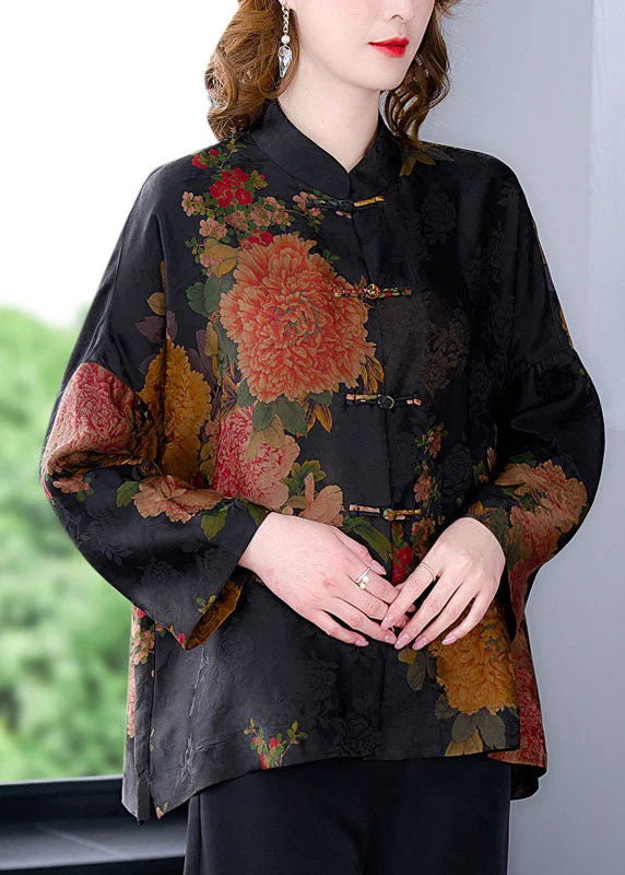 Long women's mac coats in a lightweight fabric for spring showersRetro Black Floral Print Stand Collar Oriental Button Silk Coats Long Sleeve Long women's mac coats in a lightweight fabric for spring showersRetro Black Floral Print Stand Collar Oriental Button Silk Coats Long Sleeve