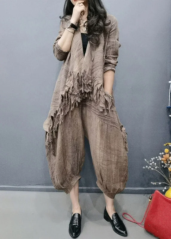 Women's faux fur coats in bright colors for a bold fashion statementRetro Coffee V Neck Tasseled Wrinkled Linen Coats And Lantern Pants Two Pieces Set Spring Women's faux fur coats in bright colors for a bold fashion statementRetro Coffee V Neck Tasseled Wrinkled Linen Coats And Lantern Pants Two Pieces Set Spring