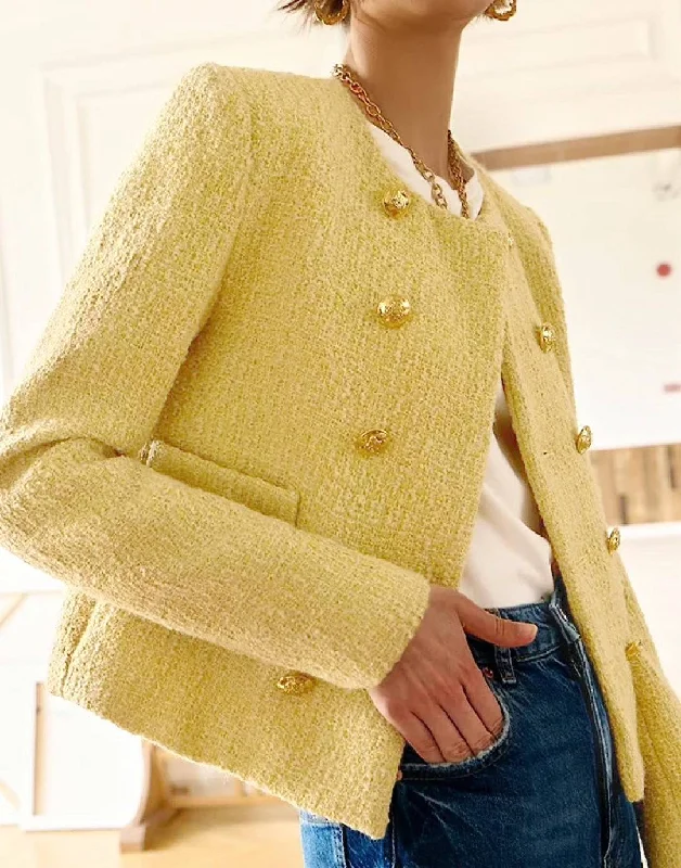 Single - Breasted Women's Linen Blend Blazers in Earth Tones for Casual WearRound Neck Gold Buttoned Tweed Jacket Single - Breasted Women's Linen Blend Blazers in Earth Tones for Casual WearRound Neck Gold Buttoned Tweed Jacket
