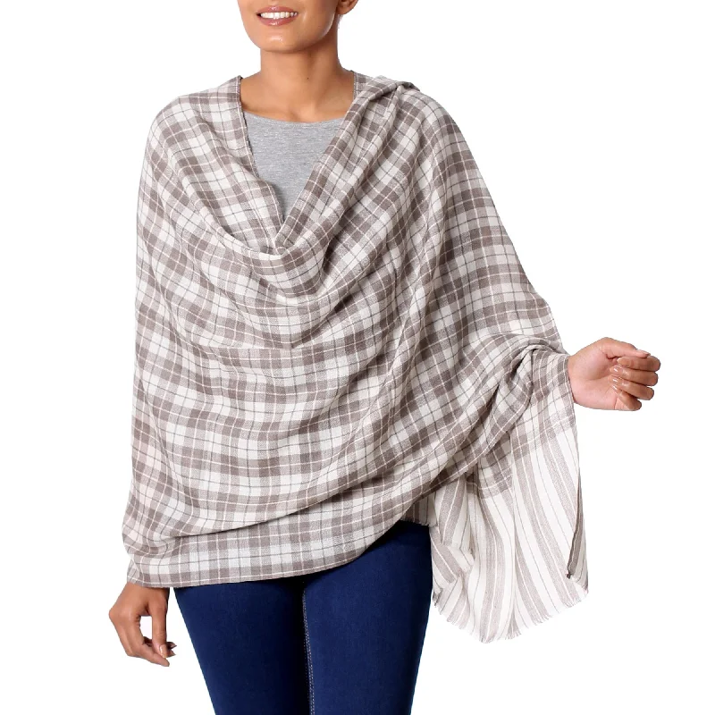 ribbed women cardigan with a classic textureSalient Paths Wool Shawl from India Grey Checkered Pattern over Cream