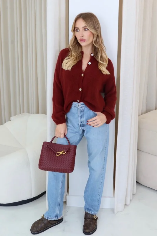 machine washable women cardigan for easy careSusie burgundy knit button up cardigan