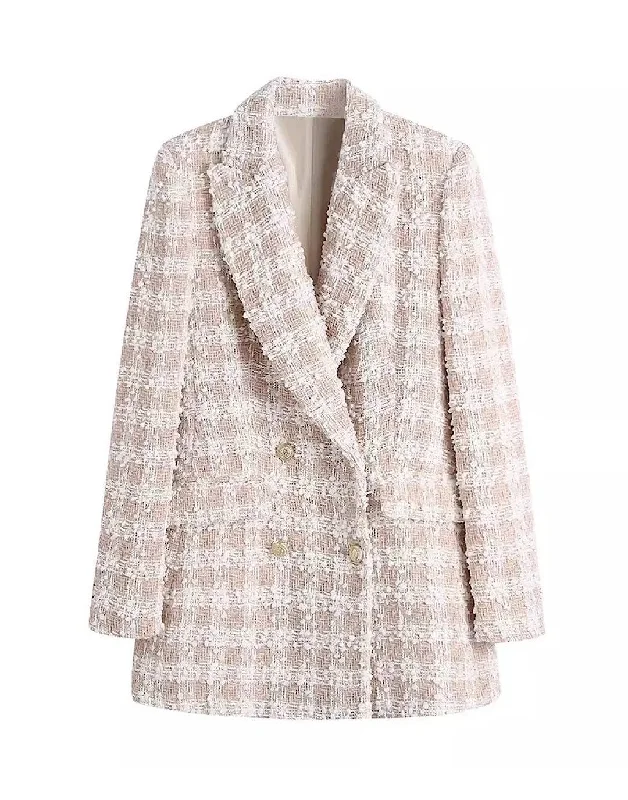 Oversized Women's Checkered Blazers in Black and White for a Trendy StyleTweed Knitted Long Blazer In Beige Oversized Women's Checkered Blazers in Black and White for a Trendy StyleTweed Knitted Long Blazer In Beige