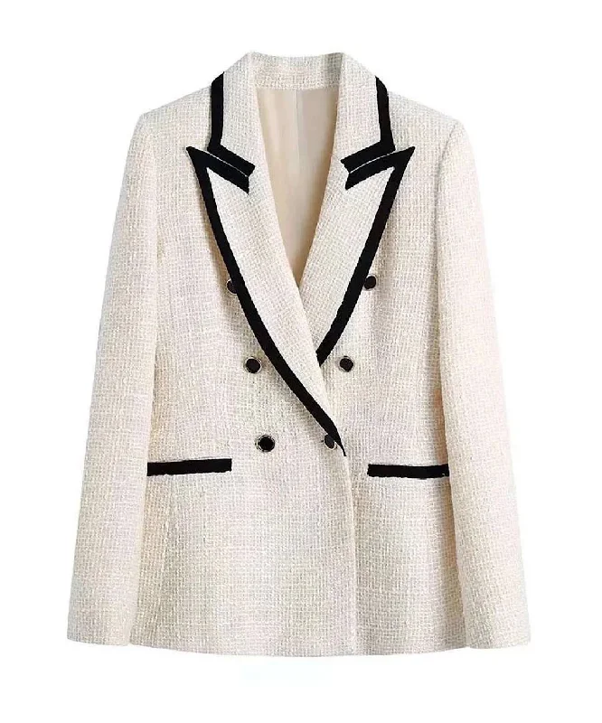 Plus Size Women's Double - Breasted Wool Blazers for Winter Office WearTweed Long Lapel Knitted Blazer with Contrast Edges