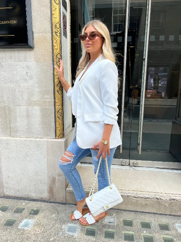 Women's Belted Blazers in Camel Color for a Sophisticated OutfitWhite Ruched Arm Blazer Women's Belted Blazers in Camel Color for a Sophisticated OutfitWhite Ruched Arm Blazer