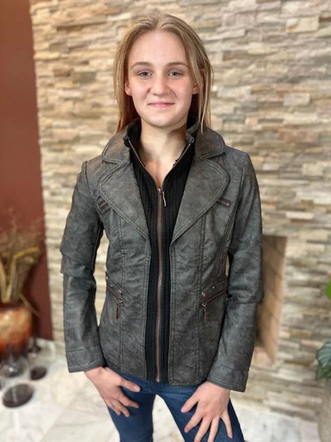 Women's reversible down coats with two - tone designs for versatile stylingWomen's Faux leather Jacket-BF1701-CHAR/BLK Women's reversible down coats with two - tone designs for versatile stylingWomen's Faux leather Jacket-BF1701-CHAR/BLK