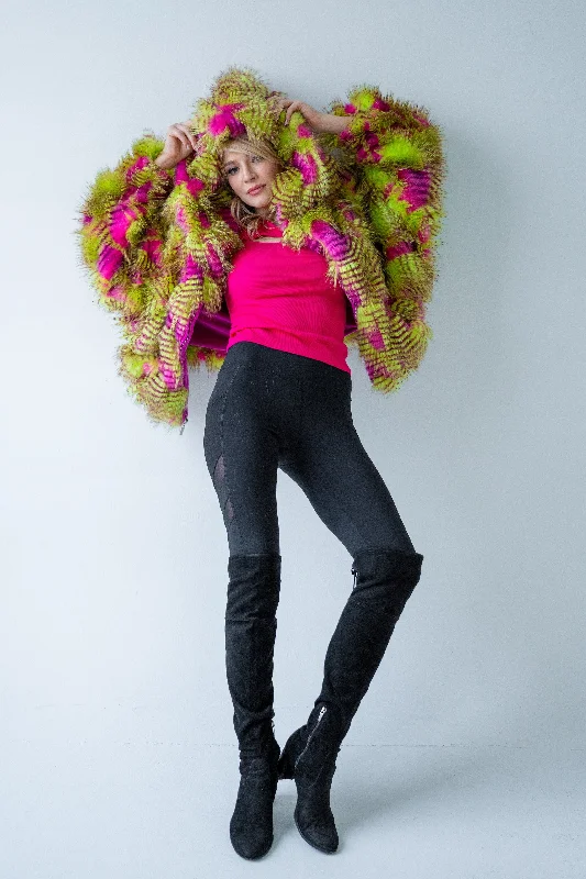 Women's longline double - breasted camel coats for a sophisticated lookWomen's Crop Snuggle Coat in "Pink Lime Feather" Women's longline double - breasted camel coats for a sophisticated lookWomen's Crop Snuggle Coat in "Pink Lime Feather"