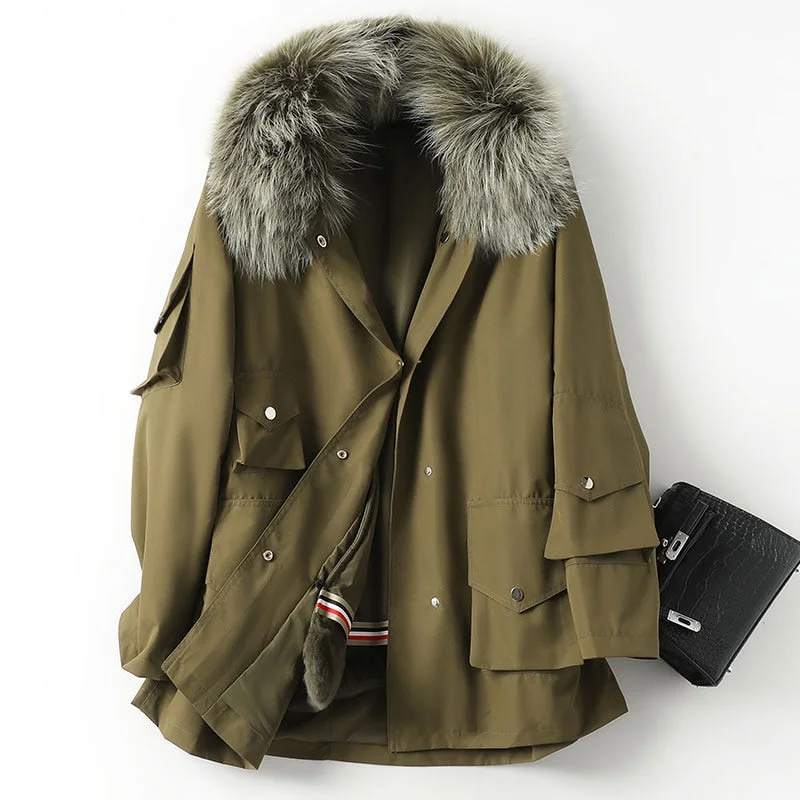 Women's longline double - breasted camel coats for a sophisticated lookWomen's Winter Fashion Rex Rabbit Liner Fur Raccoon Fur Hooded Coats