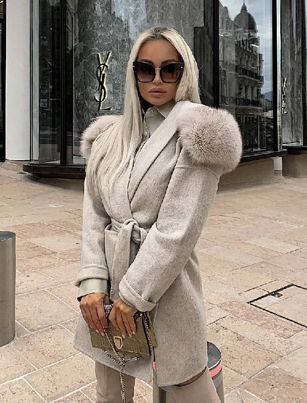 Hooded women's puffer coats in neon colors for high - visibility sportsDouble Faced Belted Wool Cashmere Coat With Fur Hoodie