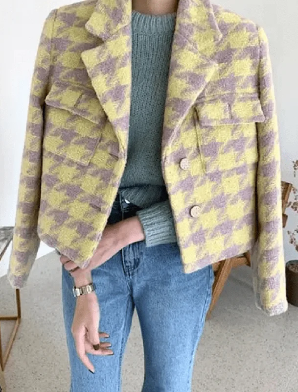 Double - Breasted Women's Polyester Blazers in Bright Colors for a Fun StyleYellow And Blue Tweed Jacket Double - Breasted Women's Polyester Blazers in Bright Colors for a Fun StyleYellow And Blue Tweed Jacket