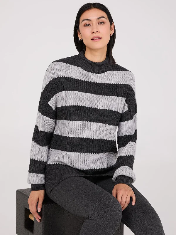 Open - Front Women's Cardigan - Style Mohair SweatersStriped Mock Neck Sweater With Side Slits