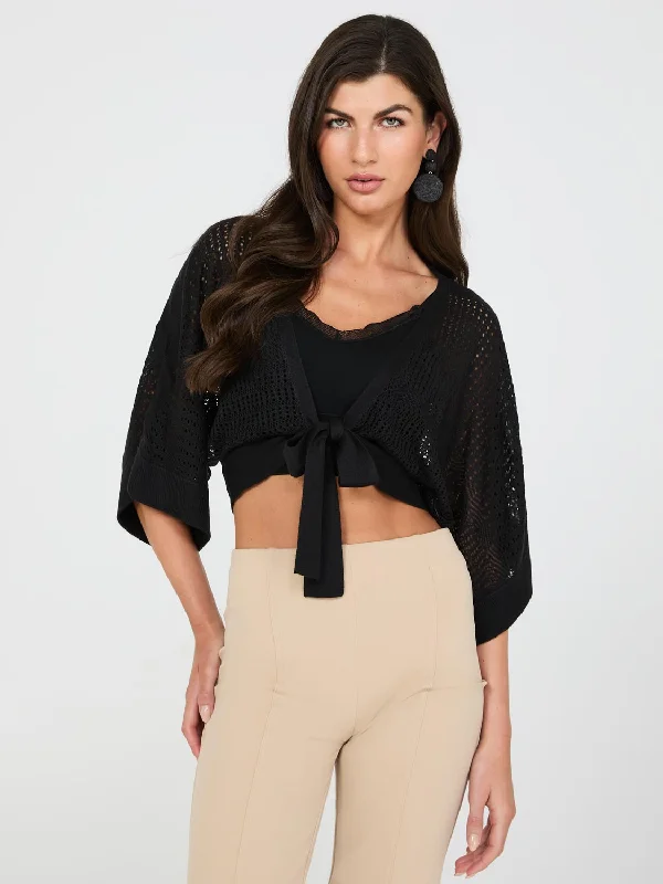 V - Neck Women's Ribbed Wool Sweaters for FallPointelle Shrug With Front Tie