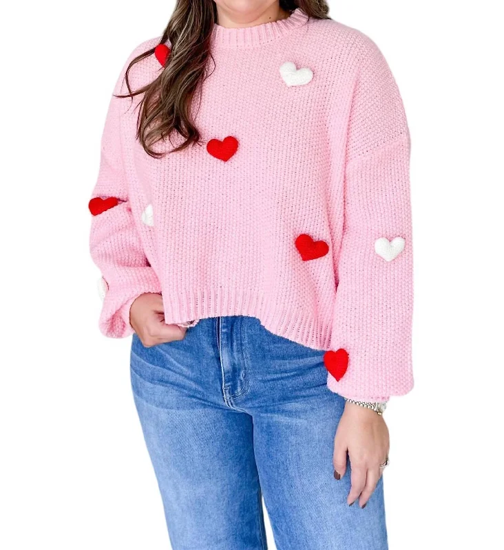 Knee - Length Women's Wool Blend Sweater Dresses in Neutral Colors3D Heart Crochet Long Bubble Sleeve Sweater In Pink Knee - Length Women's Wool Blend Sweater Dresses in Neutral Colors3D Heart Crochet Long Bubble Sleeve Sweater In Pink