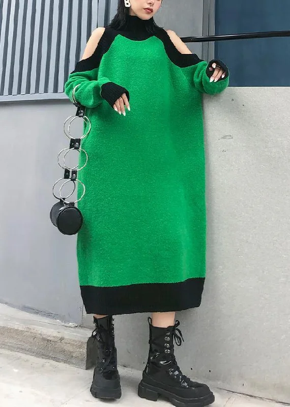 Plus Size Women's Turtleneck Sweater Dresses with Side SlitsAesthetic green Sweater Wardrobes DIY high neck Funny off the shoulder sweater dresses