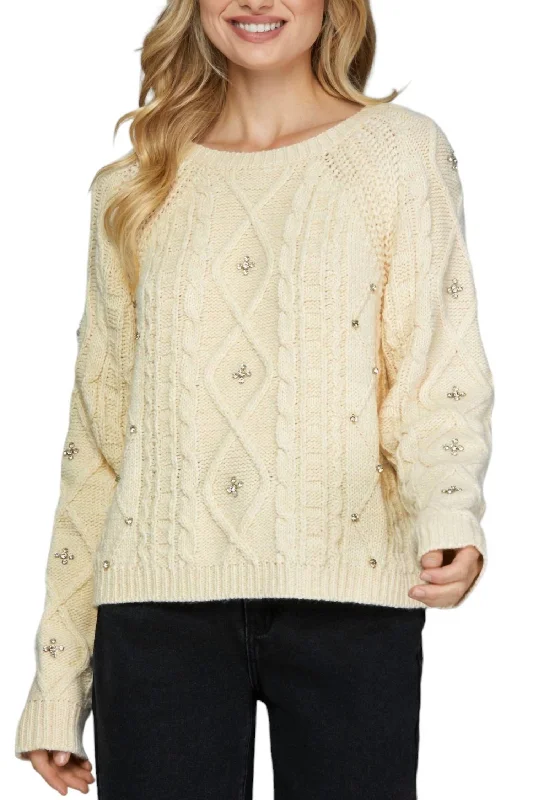 V - Neck Women's Ribbed Sweater Dresses with Belt for a Defined WaistBrulee Rhinestone Detail Sweater In Cream V - Neck Women's Ribbed Sweater Dresses with Belt for a Defined WaistBrulee Rhinestone Detail Sweater In Cream