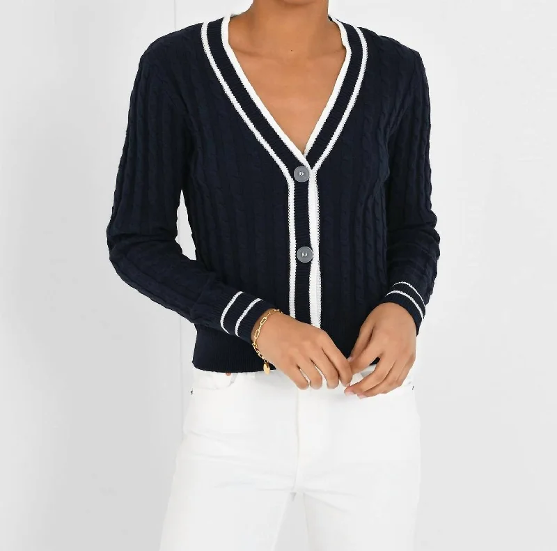 Belted Women's Cotton Blend Sweater Dresses for a Casual LookCable Varsity Cardigan In Navy