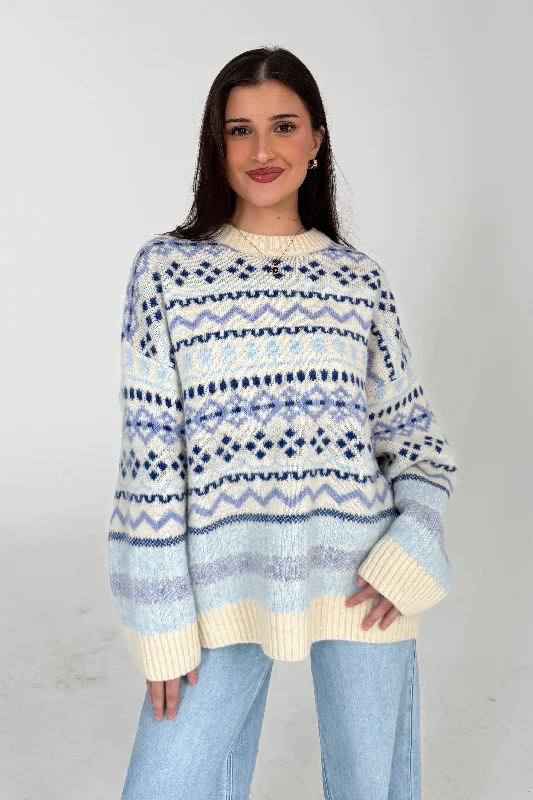 V - Neck Women's Ribbed Wool Sweaters for FallCool Vibes Sweater in Cream/Blue