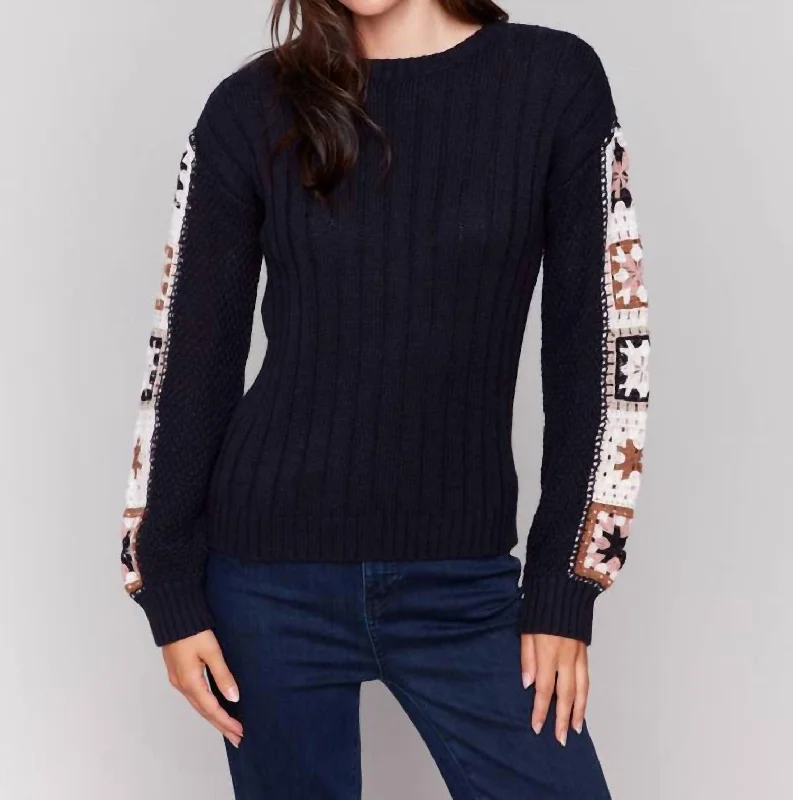 Midi - Length Women's Shetland Wool Sweater Dresses in Traditional PatternsCrochet Sleeve Sweater In Navy Midi - Length Women's Shetland Wool Sweater Dresses in Traditional PatternsCrochet Sleeve Sweater In Navy