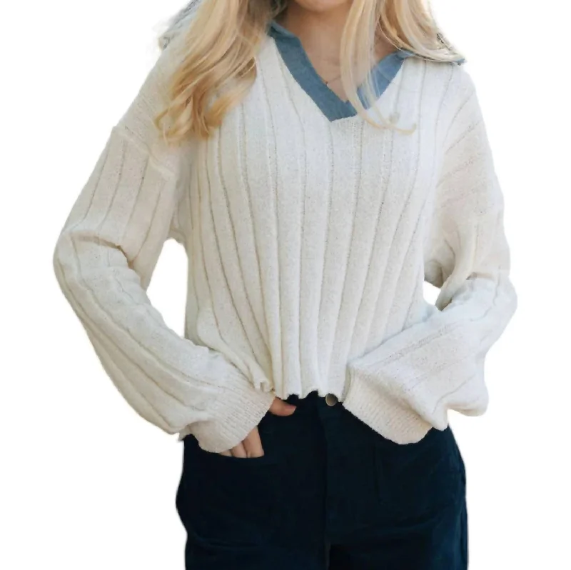 A - Line Women's Merino Wool Sweater Dresses in Classic StylesDenim Collar Sweater In Ecru