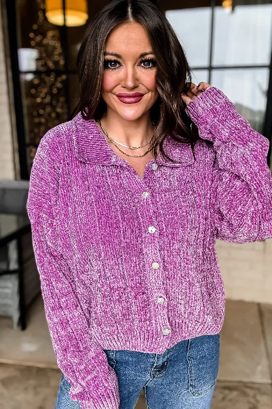 Tie - Front Women's Lambswool Sweaters in Pastel HuesDreams And Aspirations Plum Chenille Button Up Sweater Tie - Front Women's Lambswool Sweaters in Pastel HuesDreams And Aspirations Plum Chenille Button Up Sweater