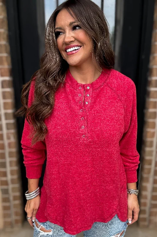 Short Sleeve Women's Cotton Blend Sweaters in Pastel ColorsExhale Dark Red Brushed Melange Hacci Oversized Henley Sweater