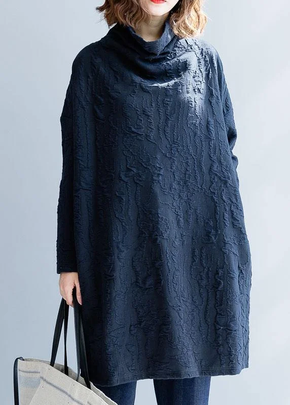 Plus Size Women's Turtleneck Sweater Dresses with Side SlitsFrench blue Cotton Tunics high neck oversized fall Dress