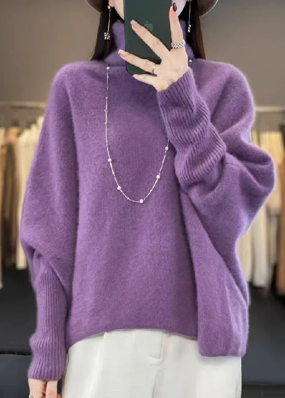 Plus Size Women's Side - Slit Sweaters in Bold SolidsLoose Purple Hign Neck Versatile Woolen Sweater Tops Spring Plus Size Women's Side - Slit Sweaters in Bold SolidsLoose Purple Hign Neck Versatile Woolen Sweater Tops Spring