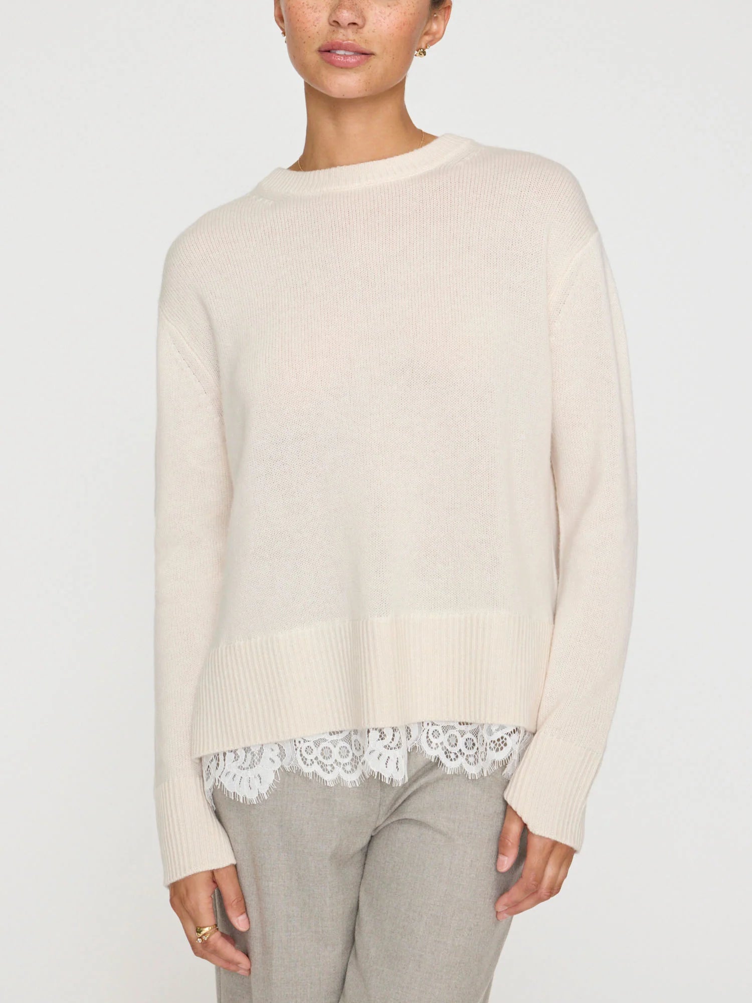Plus Size Women's Belted Cable Knit SweatersMarte Lace Looker Almond/White