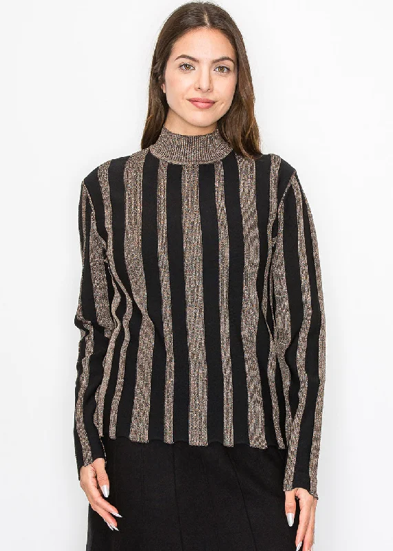 Longline Women's Mohair Sweater Dresses in a Loose FitMetallic Stripe Mock Neck Top