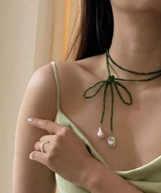 Plus Size Women's Oversized Chunky Knit SweatersModern Green Pearl Crystal Beading Sweater Pendant Necklace